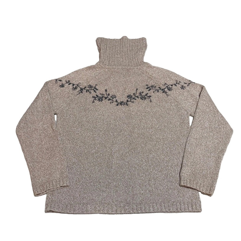 Eddie Bauer Turtleneck Sweater Womens M Floral Embroidered Cotton Marled wool